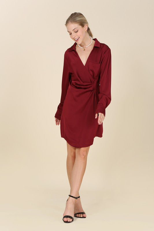 Satin collared wrap mini dress-Charmful Clothing Boutique