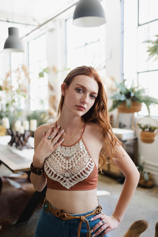 Crochet Lace High Neck Bralette-Charmful Clothing Boutique