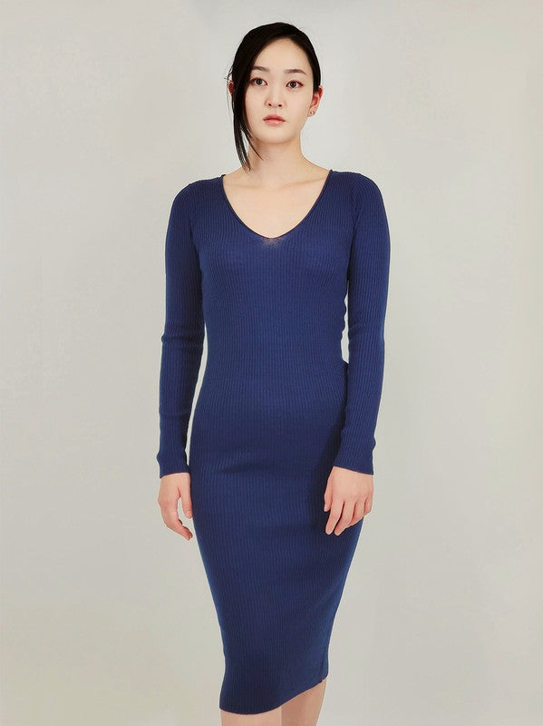 V-Neck Sheer Ribbed Knit Long Sleeve Sweater Dress-Charmful Clothing Boutique