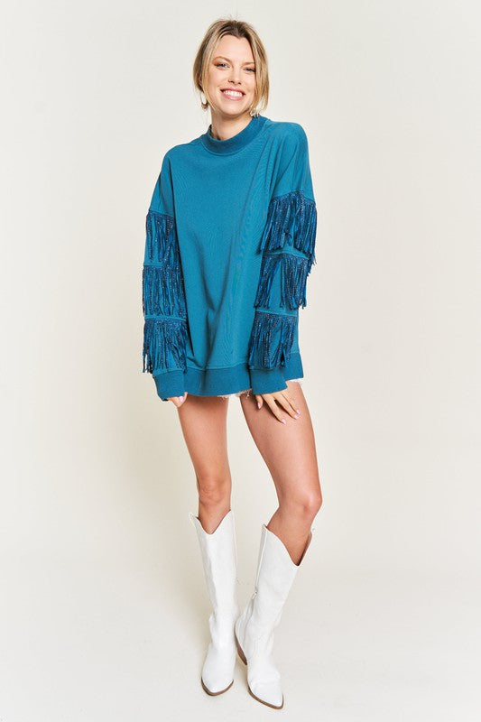 Silver studded fringe sleeve top JJT5009-Charmful Clothing Boutique