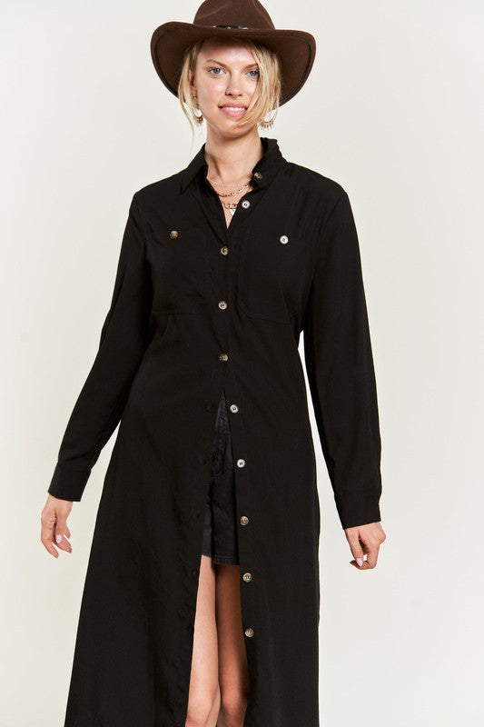 SOLID BUTTON DOWN BELTED LONG DRESS 30-545-Charmful Clothing Boutique