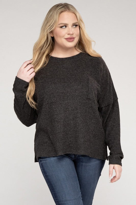 Plus Ribbed Brushed Melange Hacci Sweater-Charmful Clothing Boutique