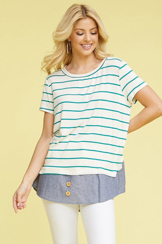 plus button stripe chambray layered tunic-Charmful Clothing Boutique