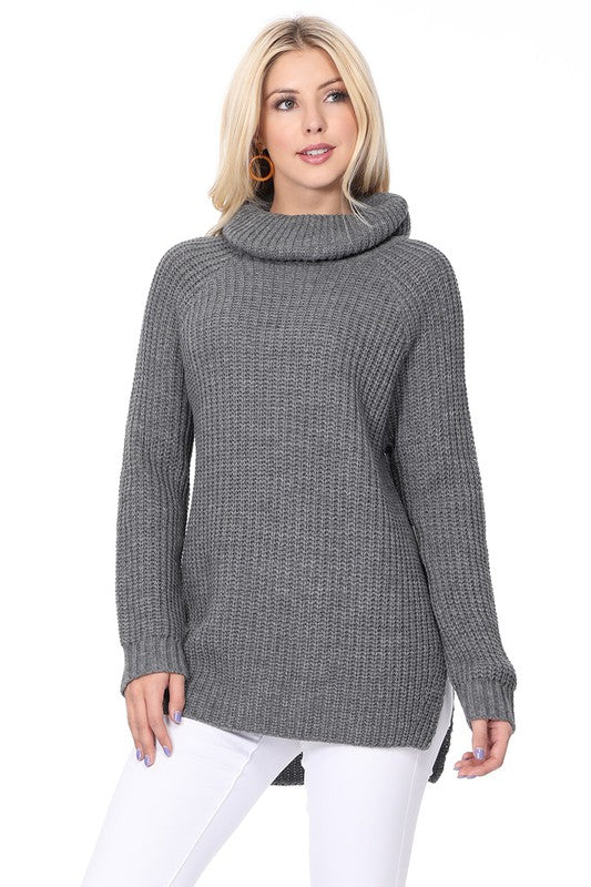 Turtleneck Oversized Waffle Knit Tunic Sweater-Charmful Clothing Boutique