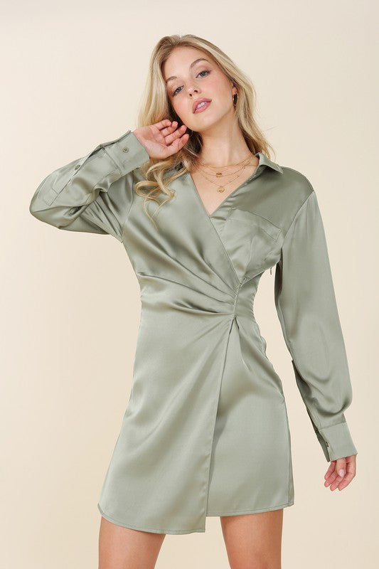 Satin collared wrap mini dress-Charmful Clothing Boutique