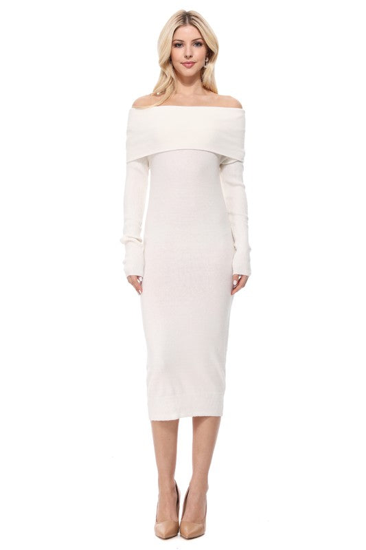 Off Shoulder Long Sleeve Slim Fit Midi Knit Dress-Charmful Clothing Boutique
