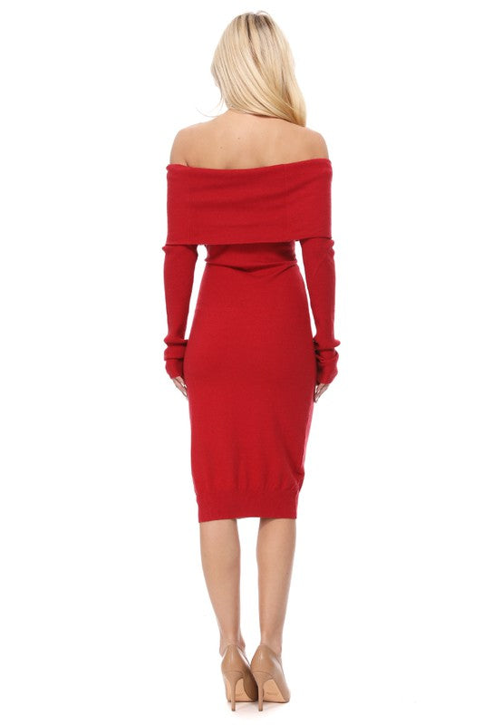 Off Shoulder Long Sleeve Slim Fit Midi Knit Dress-Charmful Clothing Boutique