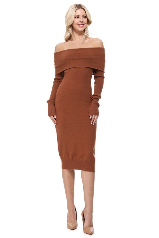 Off Shoulder Long Sleeve Slim Fit Midi Knit Dress-Charmful Clothing Boutique