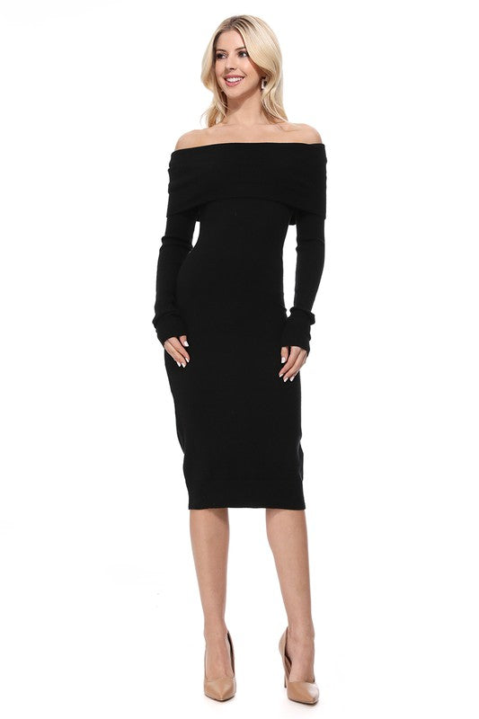 Off Shoulder Long Sleeve Slim Fit Midi Knit Dress-Charmful Clothing Boutique