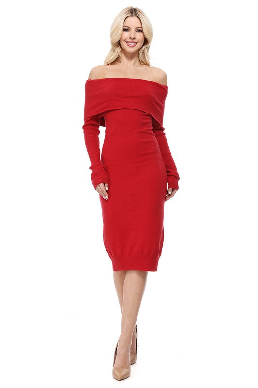 Off Shoulder Long Sleeve Slim Fit Midi Knit Dress-Charmful Clothing Boutique