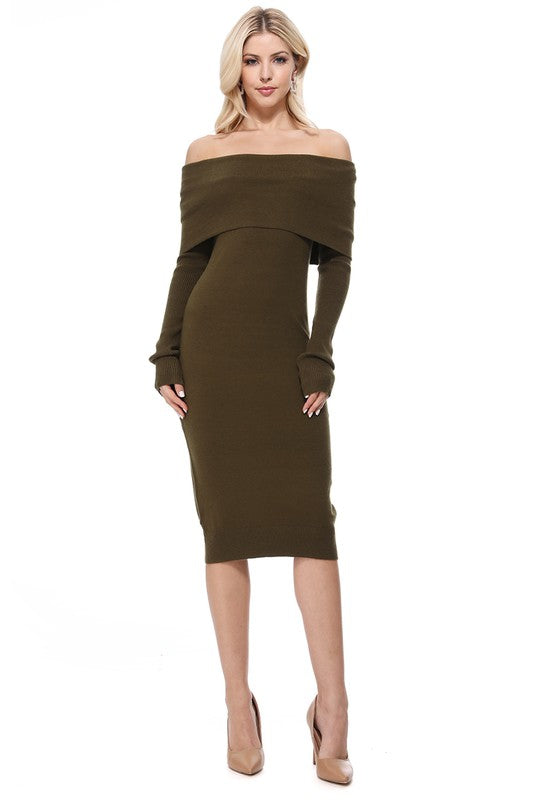 Off Shoulder Long Sleeve Slim Fit Midi Knit Dress-Charmful Clothing Boutique