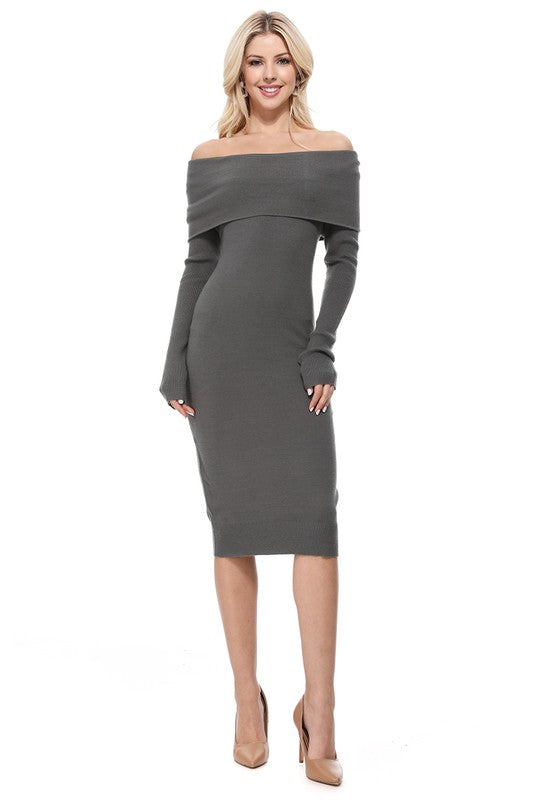 Off Shoulder Long Sleeve Slim Fit Midi Knit Dress-Charmful Clothing Boutique