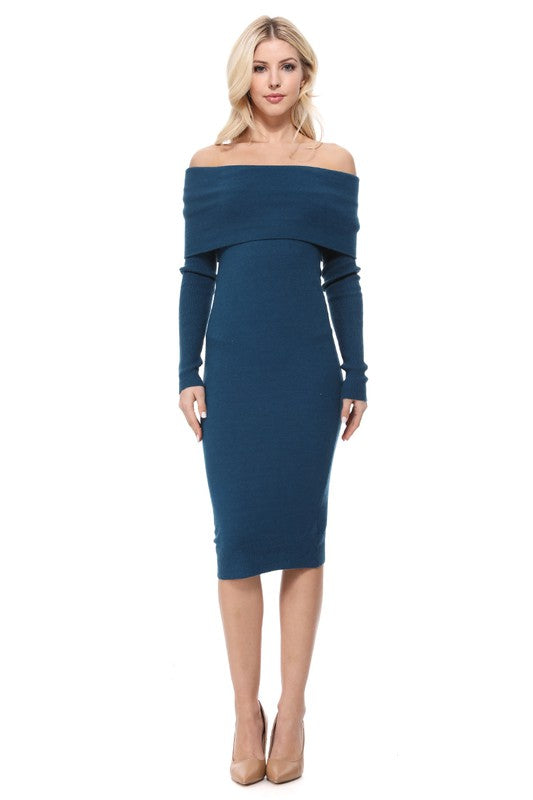 Off Shoulder Long Sleeve Slim Fit Midi Knit Dress-Charmful Clothing Boutique