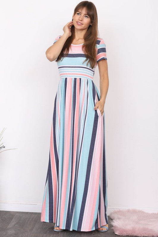 Short Sleeve Stripe Maxi Dress-Charmful Clothing Boutique
