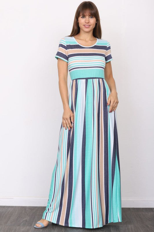 Short Sleeve Stripe Maxi Dress-Charmful Clothing Boutique