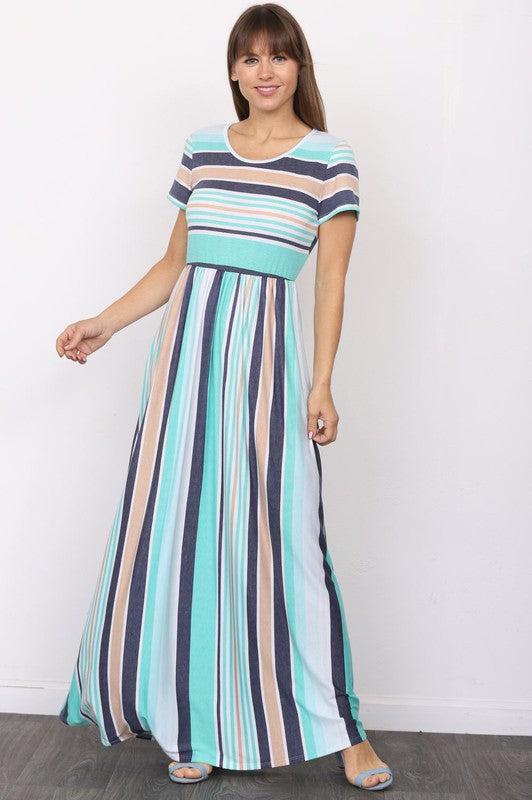 Short Sleeve Stripe Maxi Dress-Charmful Clothing Boutique