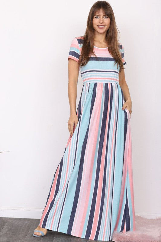 Short Sleeve Stripe Maxi Dress-Charmful Clothing Boutique