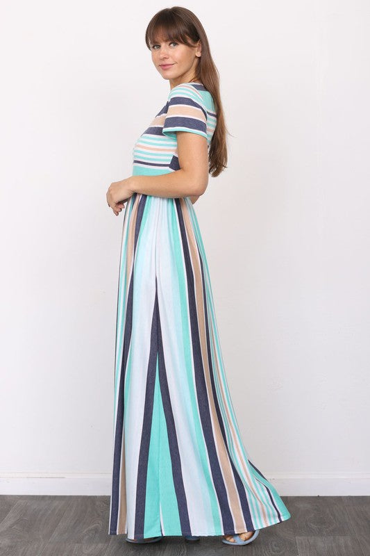 Short Sleeve Stripe Maxi Dress-Charmful Clothing Boutique