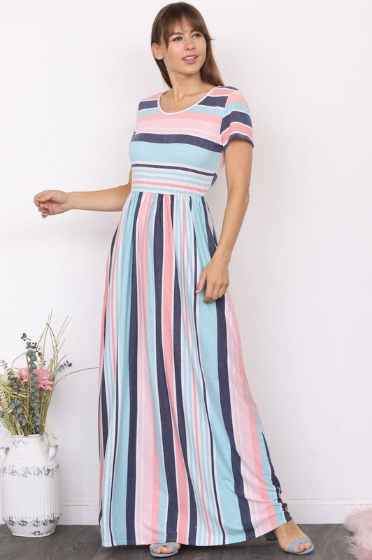 Short Sleeve Stripe Maxi Dress-Charmful Clothing Boutique