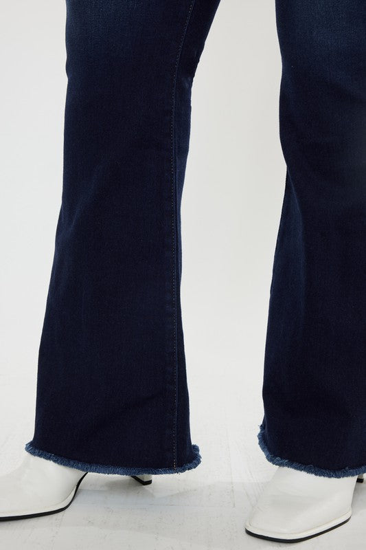 Kan Can Plus High Rise Double WB Fray Hem Flare Jeans-Charmful Clothing Boutique