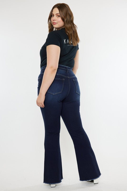 Kan Can Plus High Rise Double WB Fray Hem Flare Jeans-Charmful Clothing Boutique