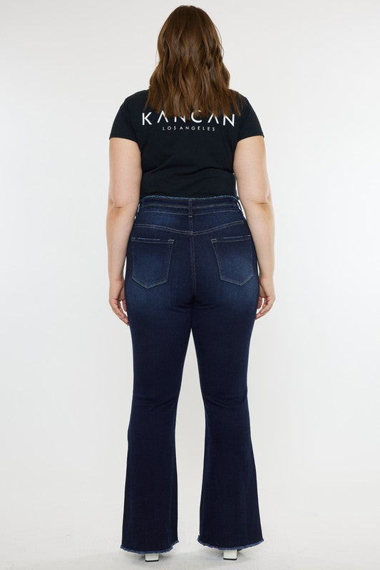 Kan Can Plus High Rise Double WB Fray Hem Flare Jeans-Charmful Clothing Boutique