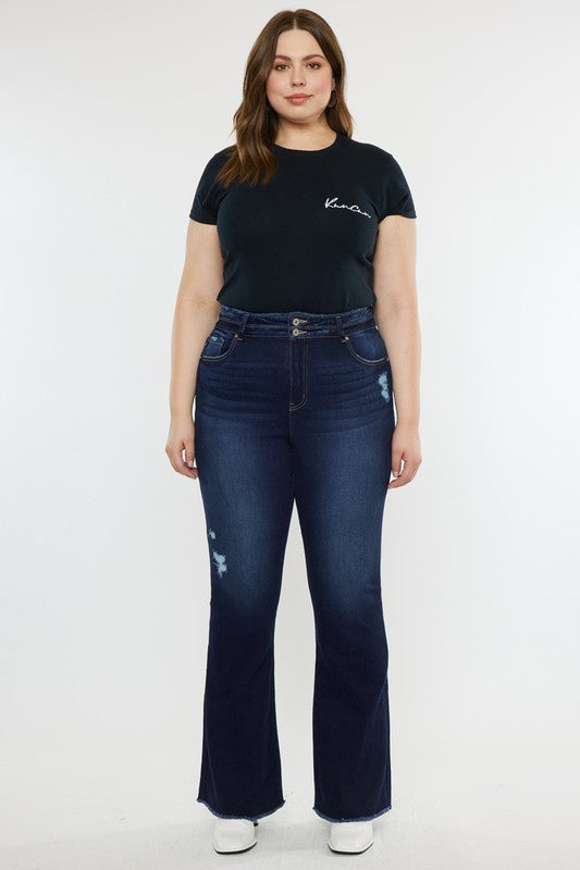 Kan Can Plus High Rise Double WB Fray Hem Flare Jeans-Charmful Clothing Boutique