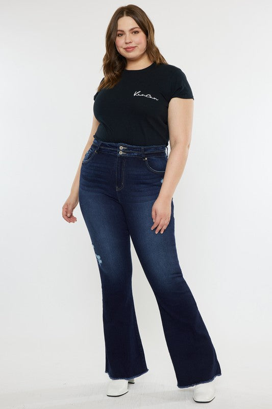 Kan Can Plus High Rise Double WB Fray Hem Flare Jeans-Charmful Clothing Boutique