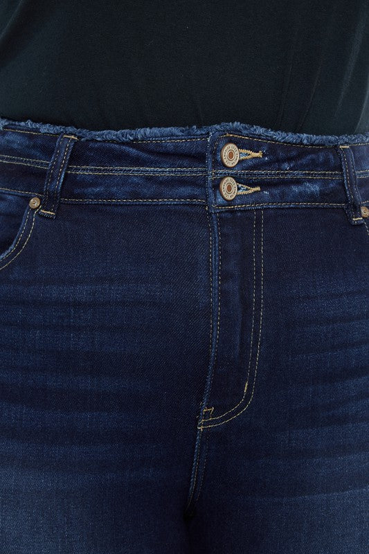 Kan Can Plus High Rise Double WB Fray Hem Flare Jeans-Charmful Clothing Boutique