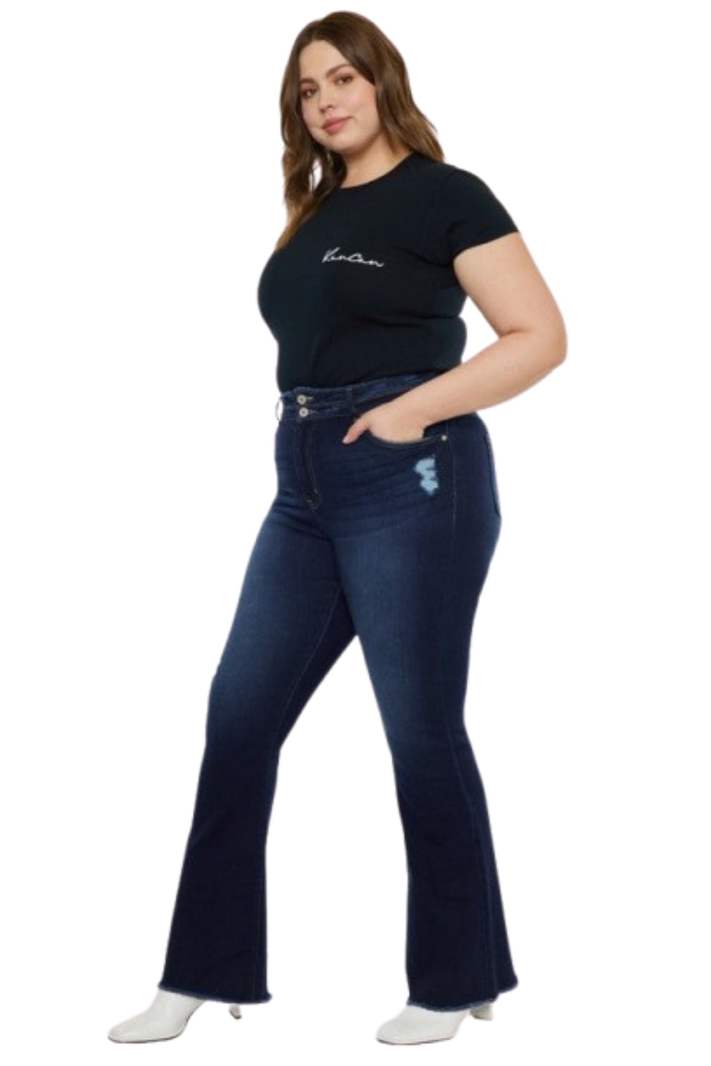 Kan Can Plus High Rise Double WB Fray Hem Flare Jeans-Charmful Clothing Boutique