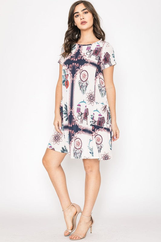 Plus Dream Catcher Print Shift Dress-Charmful Clothing Boutique