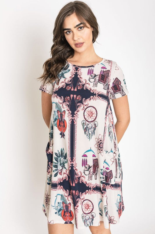Plus Dream Catcher Print Shift Dress-Charmful Clothing Boutique