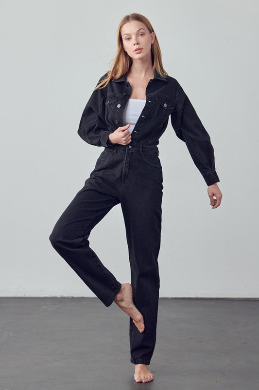 High Waist Flap Pocket Half Button Denim Jumpsuit-Charmful Clothing Boutique