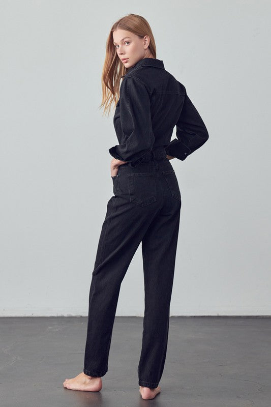 High Waist Flap Pocket Half Button Denim Jumpsuit-Charmful Clothing Boutique