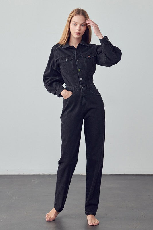 High Waist Flap Pocket Half Button Denim Jumpsuit-Charmful Clothing Boutique
