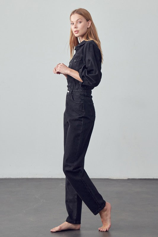 High Waist Flap Pocket Half Button Denim Jumpsuit-Charmful Clothing Boutique