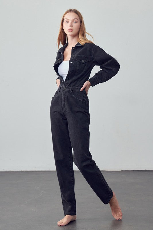 High Waist Flap Pocket Half Button Denim Jumpsuit-Charmful Clothing Boutique
