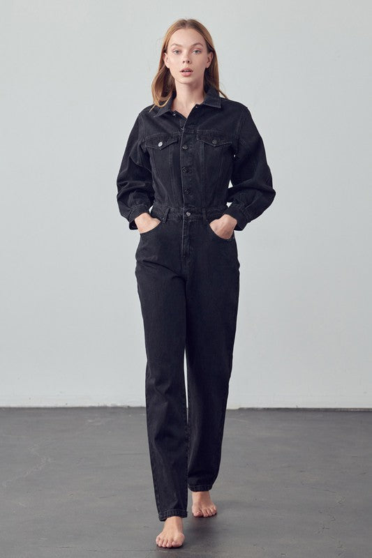 High Waist Flap Pocket Half Button Denim Jumpsuit-Charmful Clothing Boutique