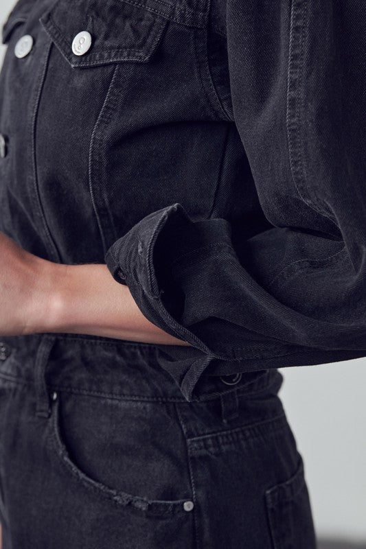 High Waist Flap Pocket Half Button Denim Jumpsuit-Charmful Clothing Boutique