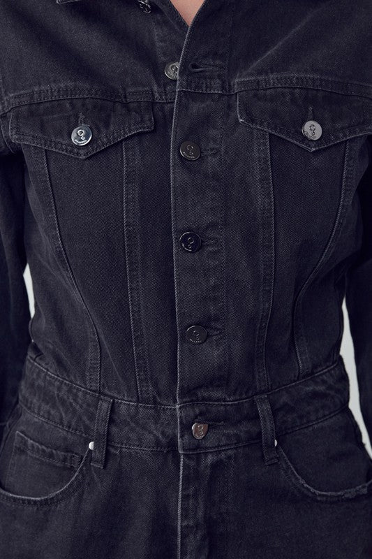 High Waist Flap Pocket Half Button Denim Jumpsuit-Charmful Clothing Boutique