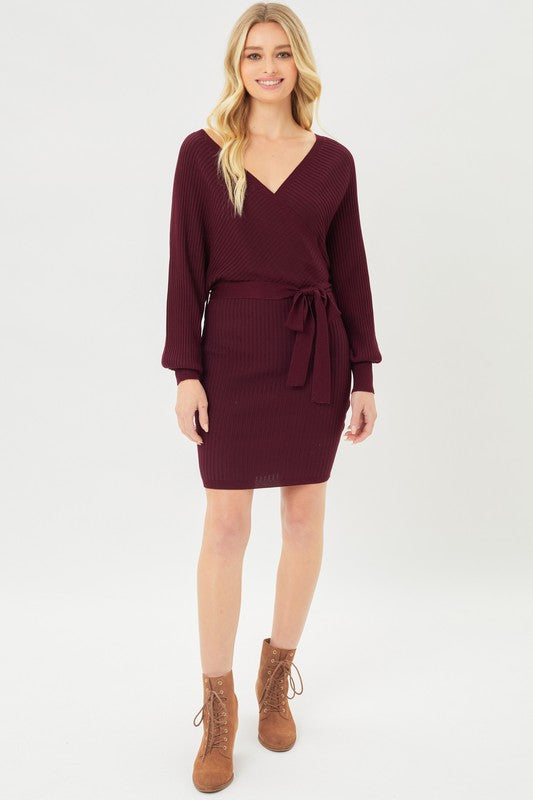 Off Shoulder Wrap Belted Ribbed Knit Dress-Charmful Clothing Boutique