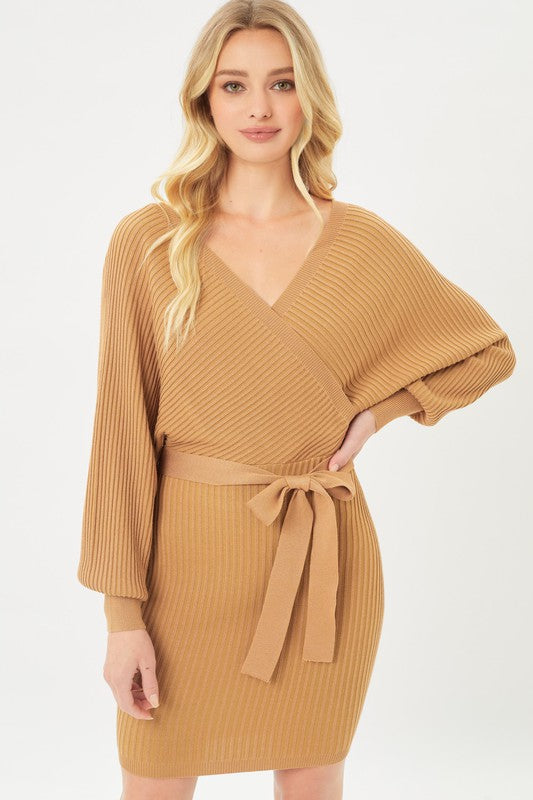 Off Shoulder Wrap Belted Ribbed Knit Dress-Charmful Clothing Boutique