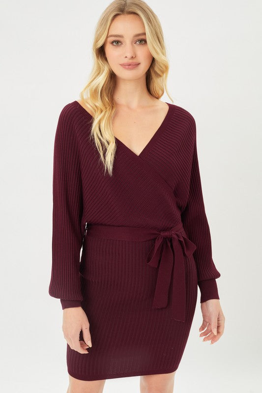 Off Shoulder Wrap Belted Ribbed Knit Dress-Charmful Clothing Boutique