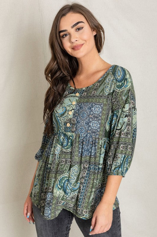 Button Accent Paisley Top-Charmful Clothing Boutique