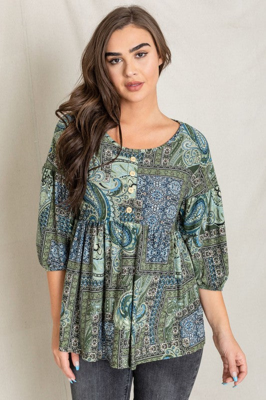 Button Accent Paisley Top-Charmful Clothing Boutique