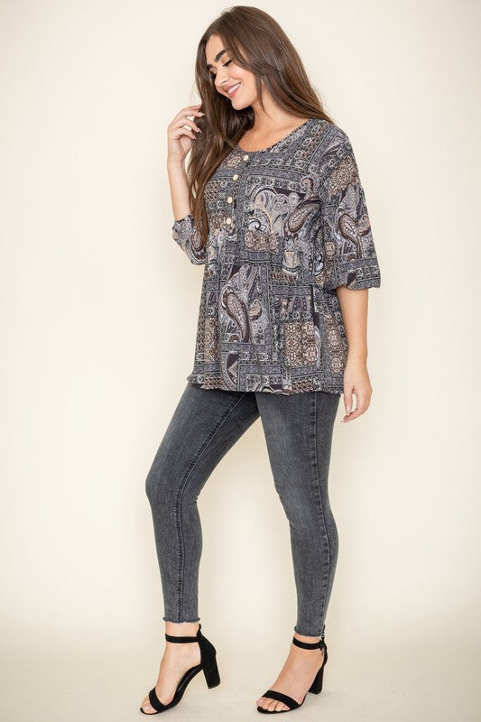 Button Accent Paisley Top-Charmful Clothing Boutique