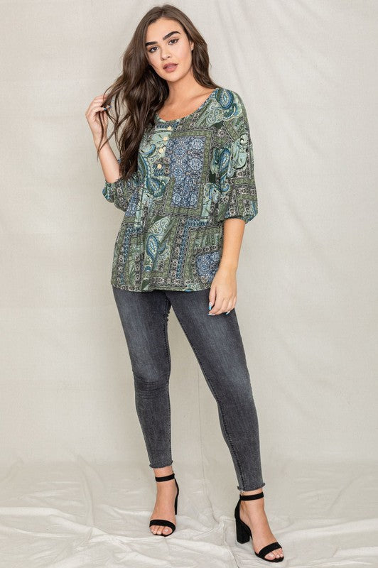 Button Accent Paisley Top-Charmful Clothing Boutique