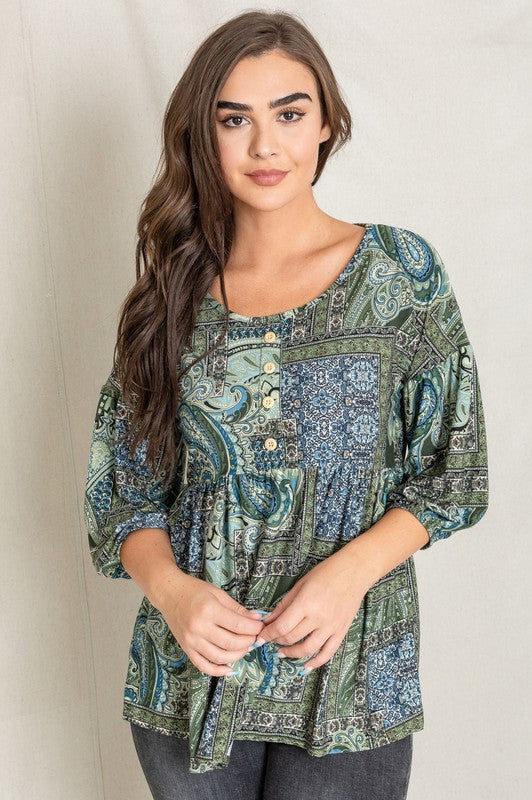 Button Accent Paisley Top-Charmful Clothing Boutique