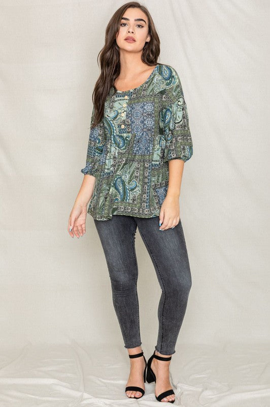 Button Accent Paisley Top-Charmful Clothing Boutique