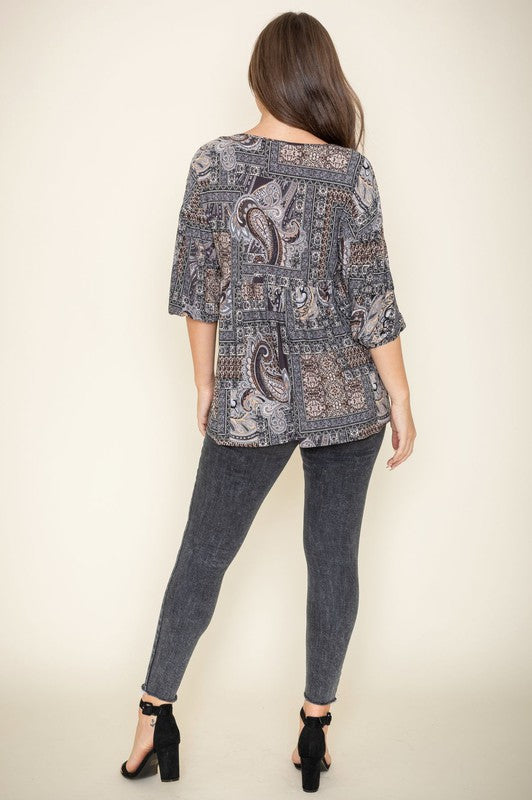 Button Accent Paisley Top-Charmful Clothing Boutique